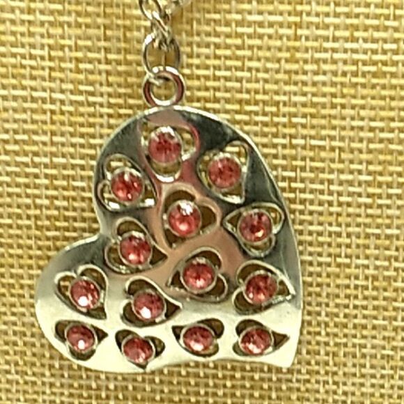 Silver-tone Heart Necklace Red Rhinestones - Picture 2 of 15